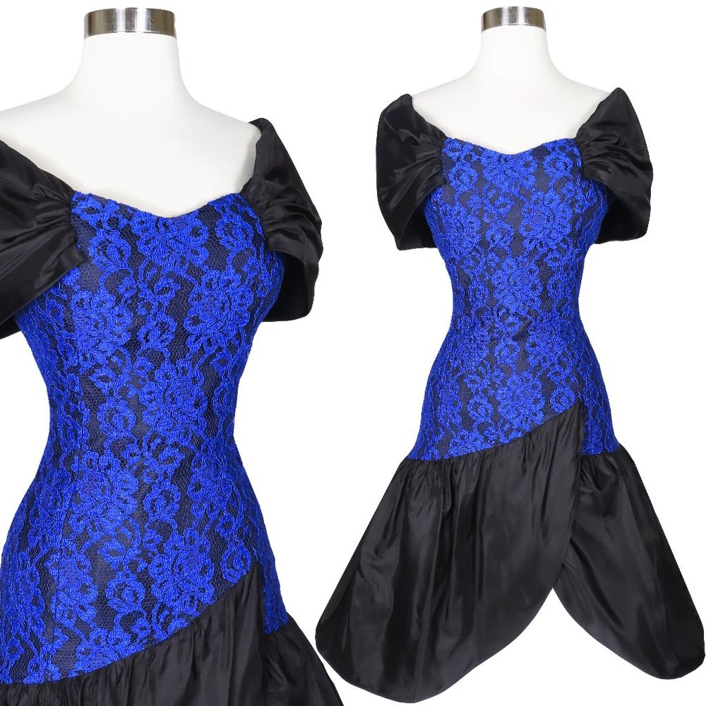 Vintage 80s Black Blue LACE Full Skirt Mermaid Prom Party Dress XS